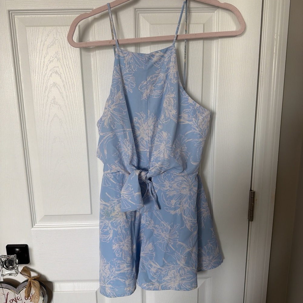 Light Blue Floral Tie-Waist Romper